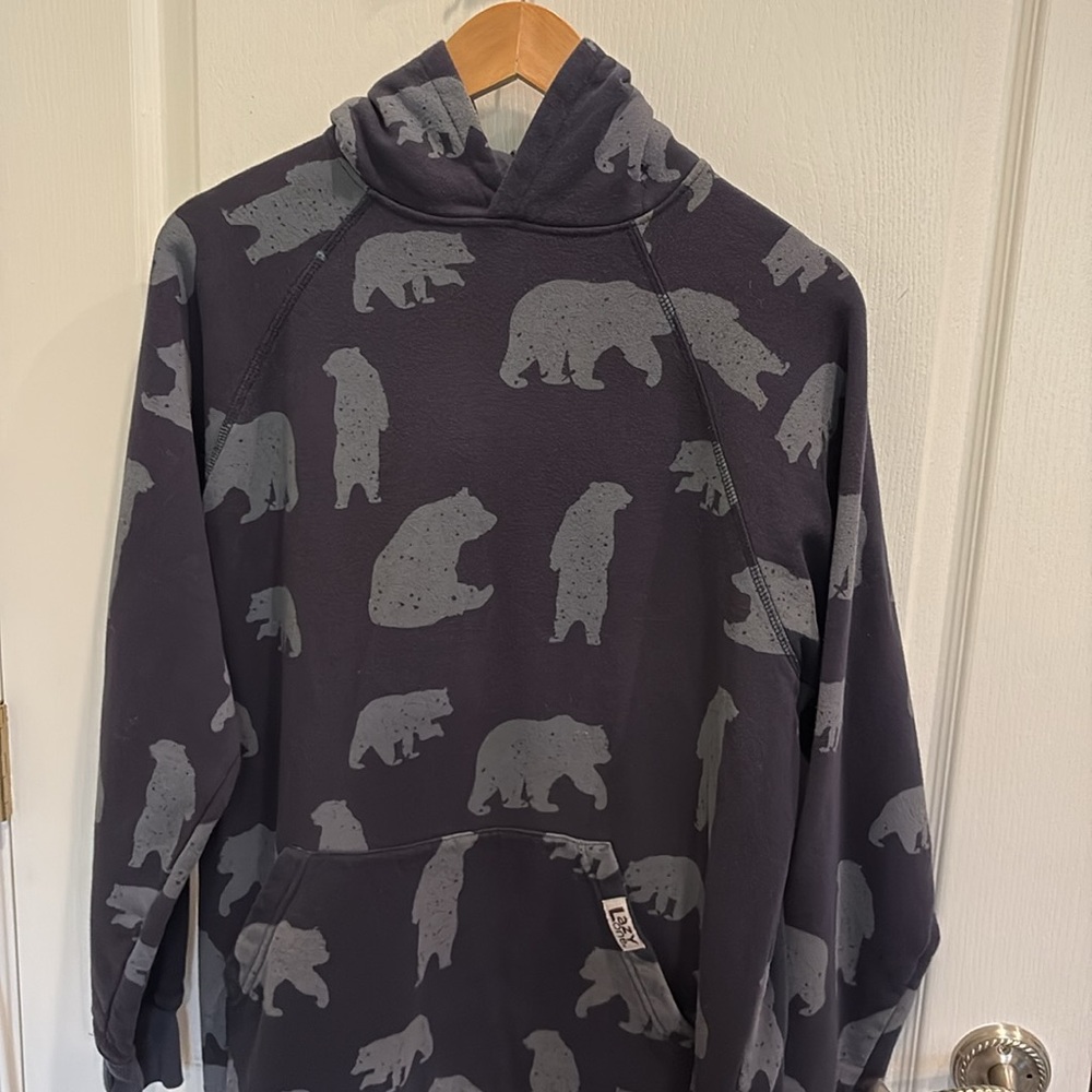LAZY ONE Sleep Hoodie S/M Blue Bear Print Unisex Oversized Kangaroo Pocket